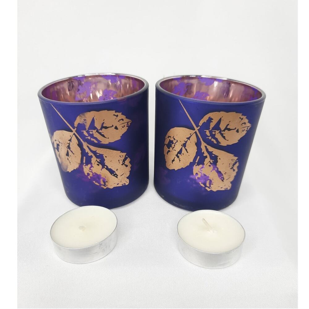 Yankee Candle Votive Candle Holders Pair Midnight Fall Glass Purple Copper Leaf